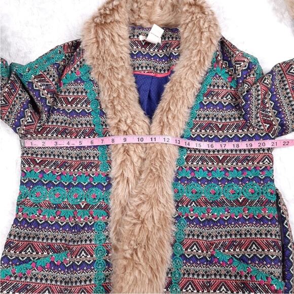 Sundance embroidered Tatou faux fur collar belted open front long coat boho - Picture 4 of 11